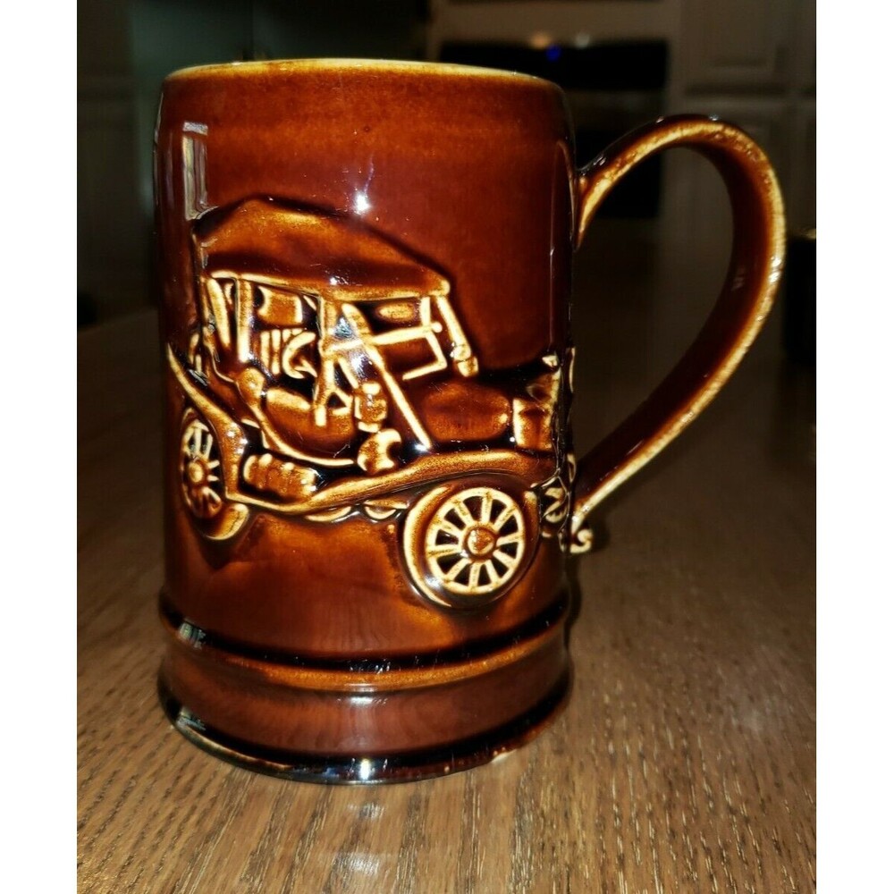 Retro Coffee Mug 1970s Stein Antique Automobile Car 1910 Hupmobile Hall Pottery
